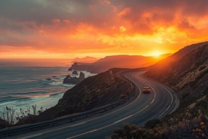 A winding highway hugging the Pacific coastline at sunset, cliffs glowing golden under a vivid orange sky, waves crashing below, and a lone car driving along the curve. The atmosphere feels adventurous and free, symbolizing the start of an epic North American road trip. Ultra‑wide landscape orientation, cinematic lighting, travel blog aesthetic.
