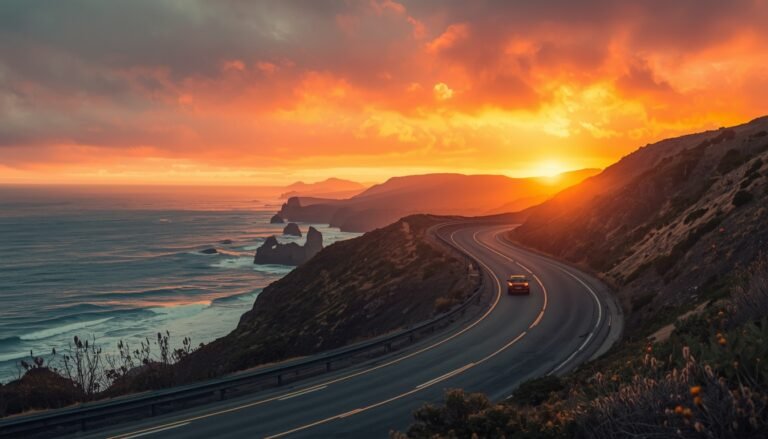 A winding highway hugging the Pacific coastline at sunset, cliffs glowing golden under a vivid orange sky, waves crashing below, and a lone car driving along the curve. The atmosphere feels adventurous and free, symbolizing the start of an epic North American road trip. Ultra‑wide landscape orientation, cinematic lighting, travel blog aesthetic.